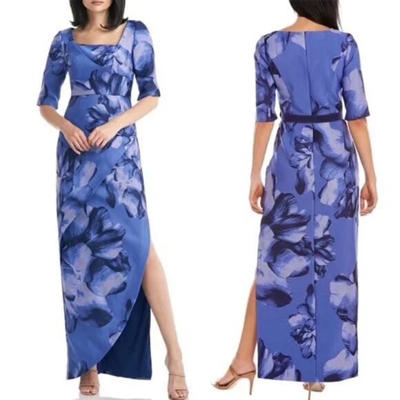 Kay Unger Octavia Pleated Floral Jacquard Tulip Hem Column Gown 4 - Picture 1 of 6